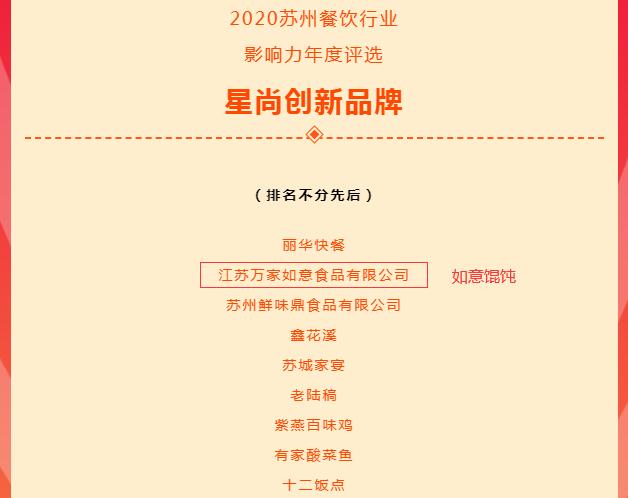 如意餛飩榮獲2020蘇州餐飲行業(yè)影響力年度評(píng)選星尚創(chuàng)新品牌